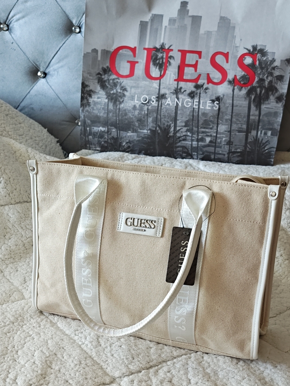 GUESS Beige Tote with White Trim and Logo Straps
